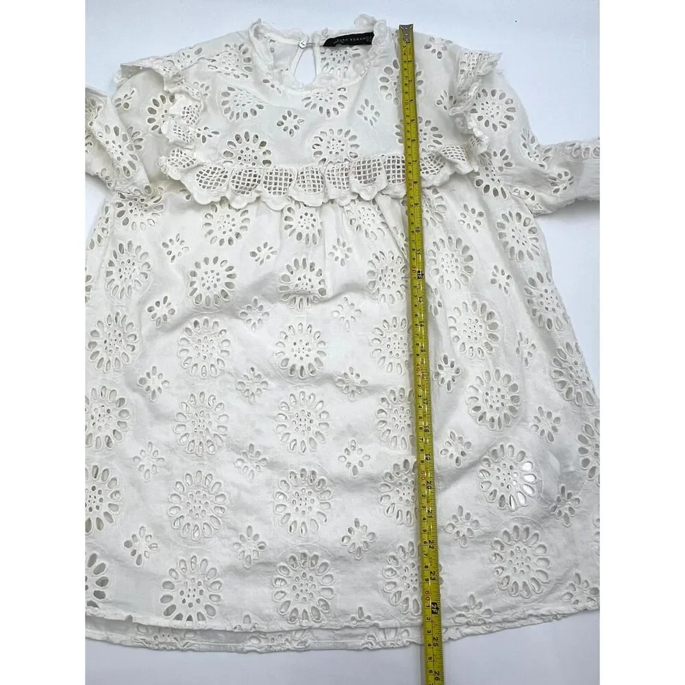 Zara White Eyelet Lace Embroidery Blouse Ruffled Romantic Small Fairycore Indie
